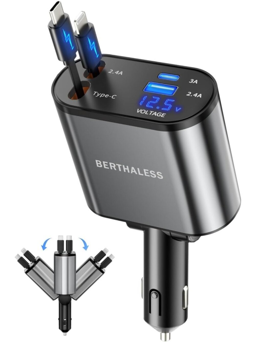 4-in-1 Fast Charging Retractable Car Charger with USB-C & USB-A Ports